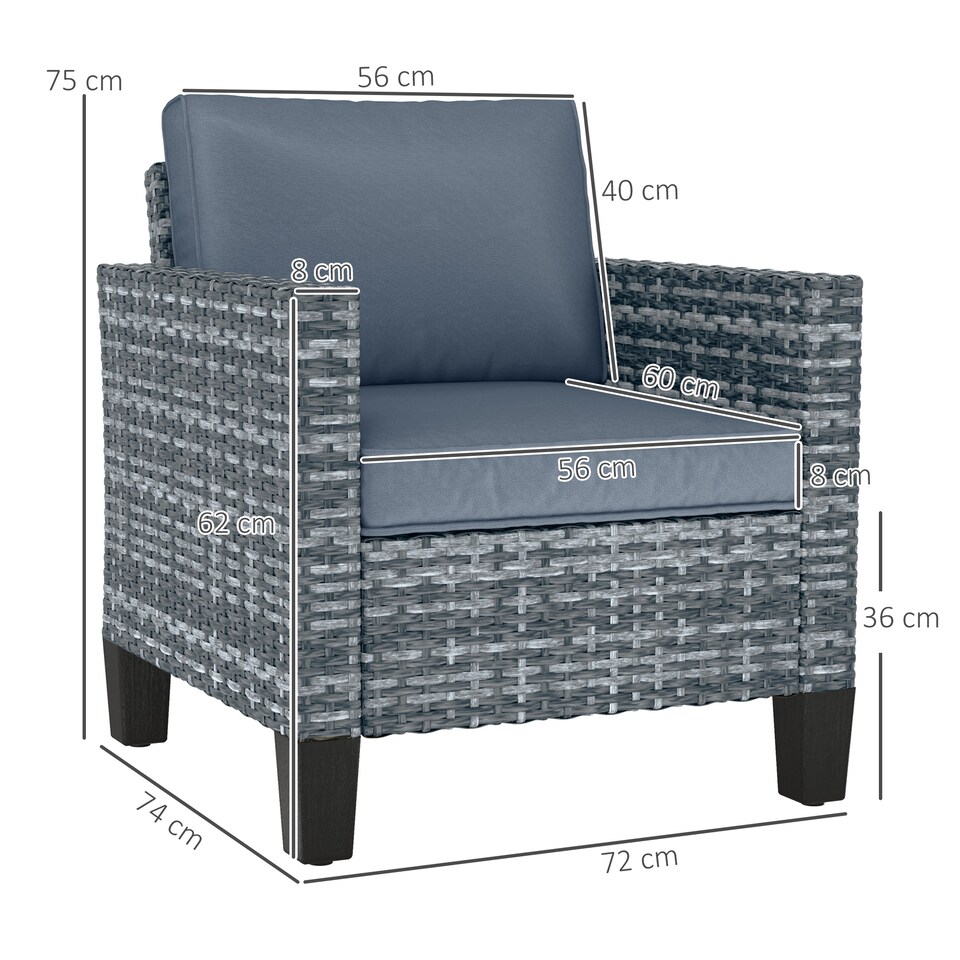 image 1 of Outsunny Single Seater Rattan Garden Armchair, PE Wicker Rattan Chair with Armrests and Cushions, Garden Chair with Galvanised Steel Frame for Conservatory, Porch, Light Grey | Grey | One Size