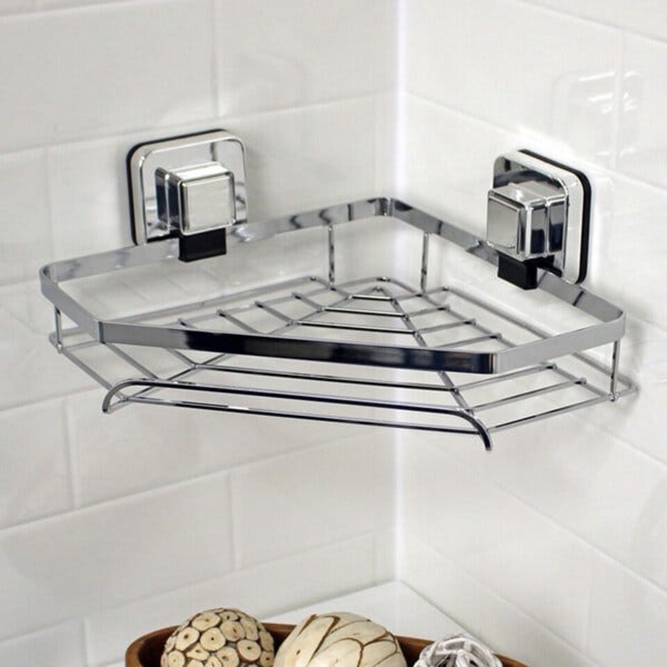 image 1 of Showerdrape Pushloc Stainless Steel Suction Wall Mounted Corner Basket | Silver | 1