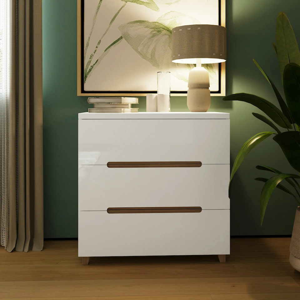 image 1 of FWStyle Veloce 3 Drawer Chest Of Drawers - White Gloss, Quick Click Assembly