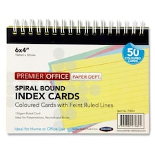 Pack of 50 6"x4" Spiral Ruled Coloured Index Cards by Premier Office