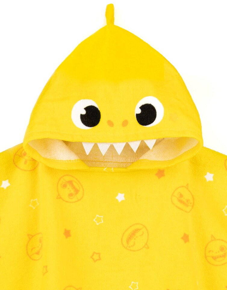 image 1 of Baby Shark Towel Poncho Kids | Girls Boys Yellow Animated Shark | Childrens Song Bath Swimwear Beach Towel With 3D Face Fins Teeth