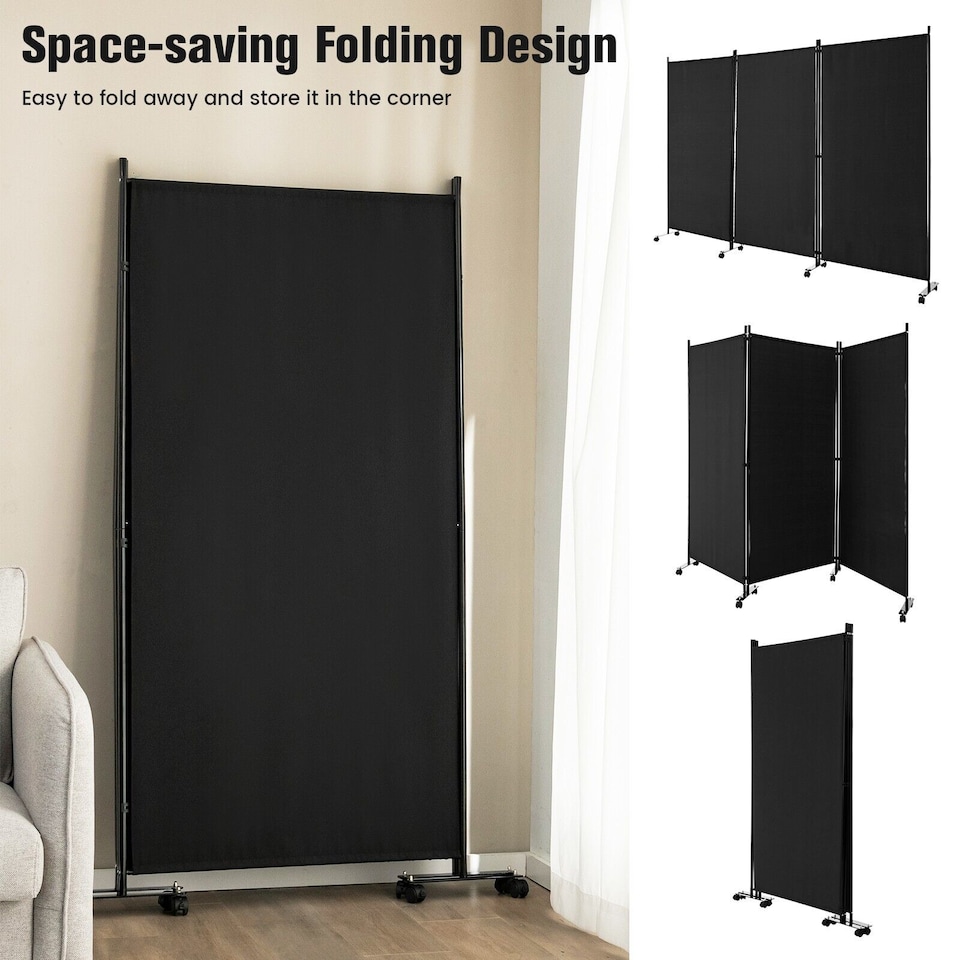 image 1 of COSTWAY 3 Rolling Privacy Screens Freestanding Panel Room Divider on Wheels Black