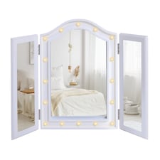 HOMCOM Trifold Tabletop Mirror, 7353.5cm Makeup Mirror Large Cosmetic w16 LED Lights Powered by Batteries, Foldable For Bedroom, White