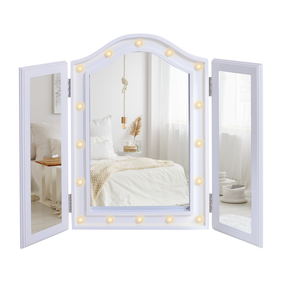 image 1 of HOMCOM Trifold Tabletop Mirror, 7353.5cm Makeup Mirror Large Cosmetic w16 LED Lights Powered by Batteries, Foldable For Bedroom, White