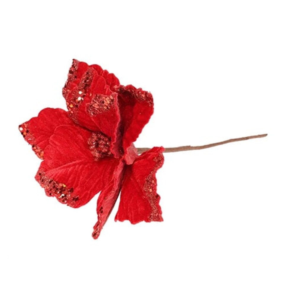 Red Velvet Christmas Poinsettia with Glitter Detail Artificial Flower Decoration 32cm