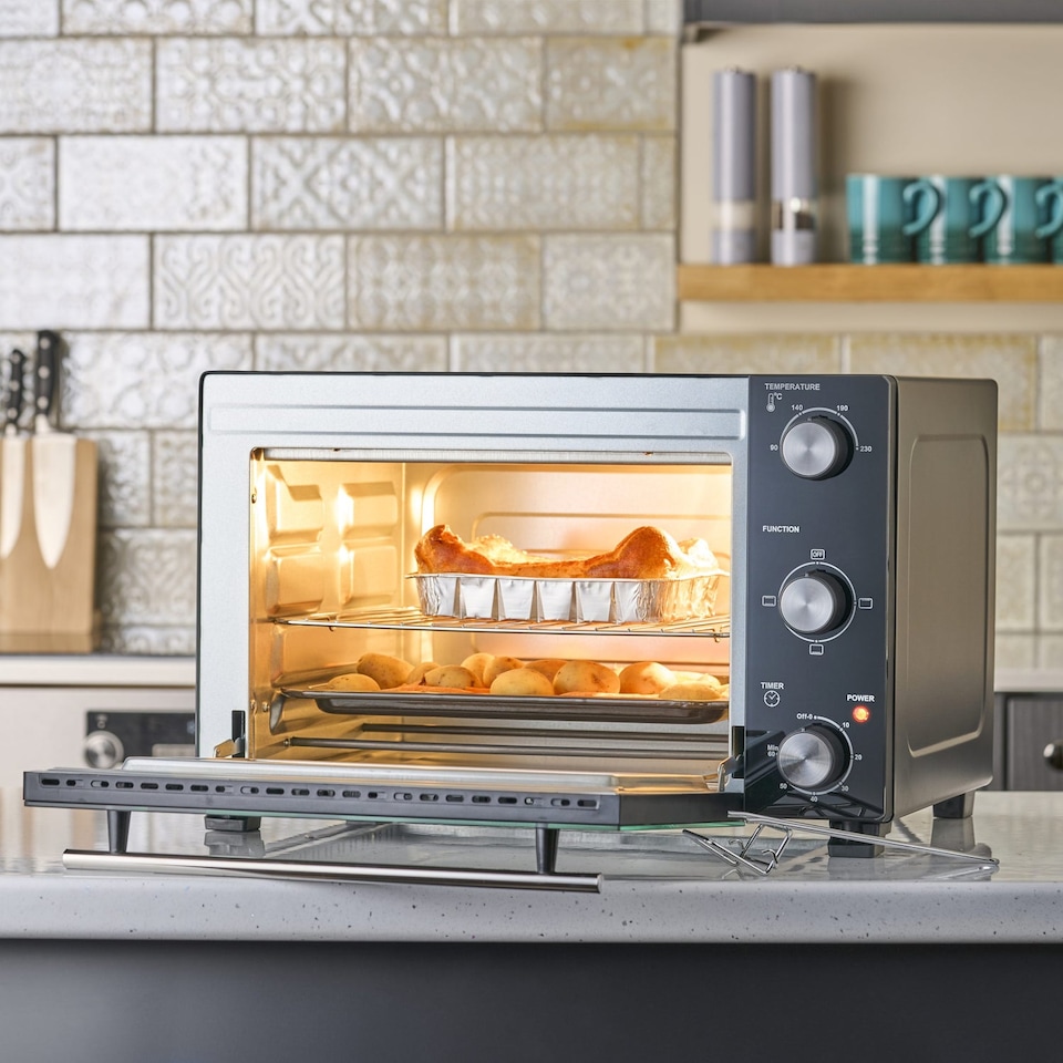 image 1 of Cooks Professional 28L Mini Oven - Electric Multifunction Countertop Grill Cooker with Adjustable Temp & Timer | Black | Black & Silver