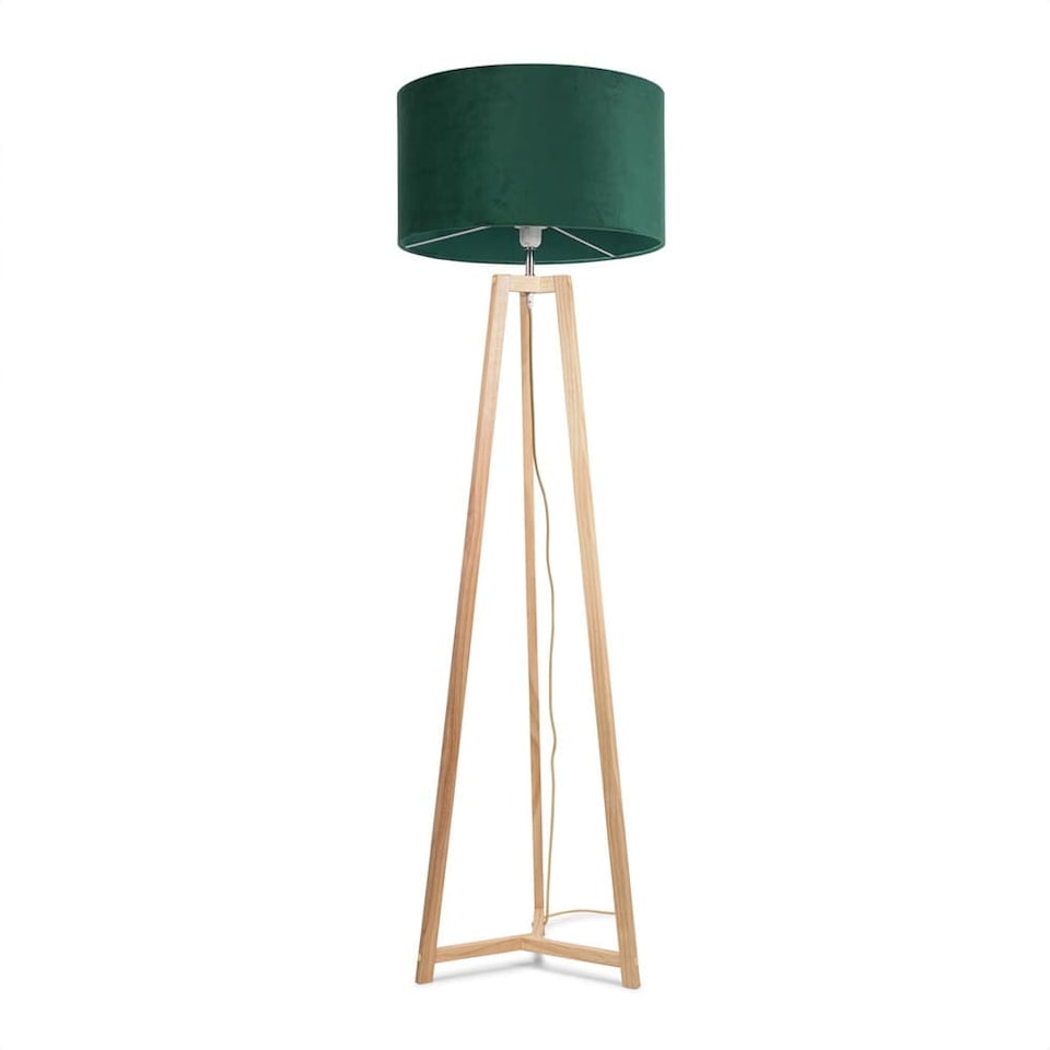 image 1 of ValueLights Lottie Natural Wood Tripod Floor Lamp Forest Green Velvet Shade | Green
