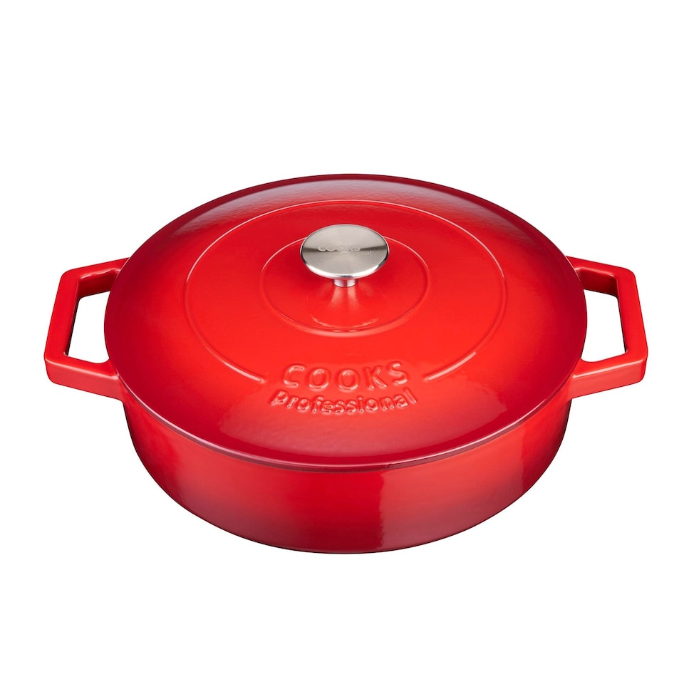 image 1 of Cooks Professional Cast Iron Casserole Dish 28cm - Ovenproof Pan with Lid | Red | Red