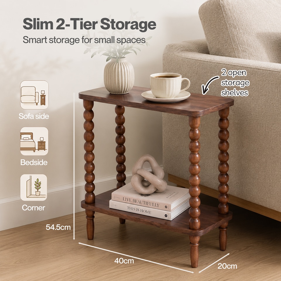 image 1 of Levede Narrow Side Table 2 Tier Storage MDF End Table Rubber Wood Legs Brown