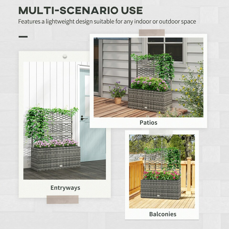 image 1 of Outsunny Garden PE Rattan Planter Box w/ Trellis Flower Raised Bed, 57x30x107cm