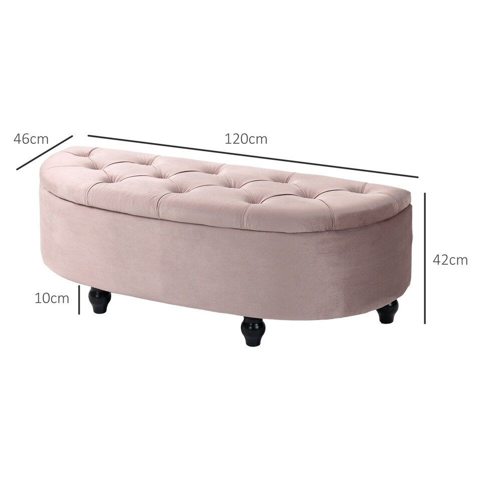 image 1 of HOMCOM Semi-Circle Ottoman Storage Bench, Bed End Bench, Tufted Upholstered Window Seat Footrest Stool with Rubberwood Legs for Bedroom & Entryway, 120 x 46 x 42 cm, Pink
