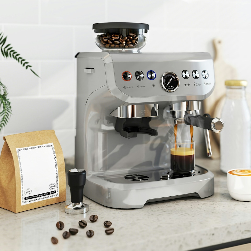image 1 of HOMCOM Espresso Machine, Bean Grinder & Steam Wand, 15 Bar Pressure, Silver.