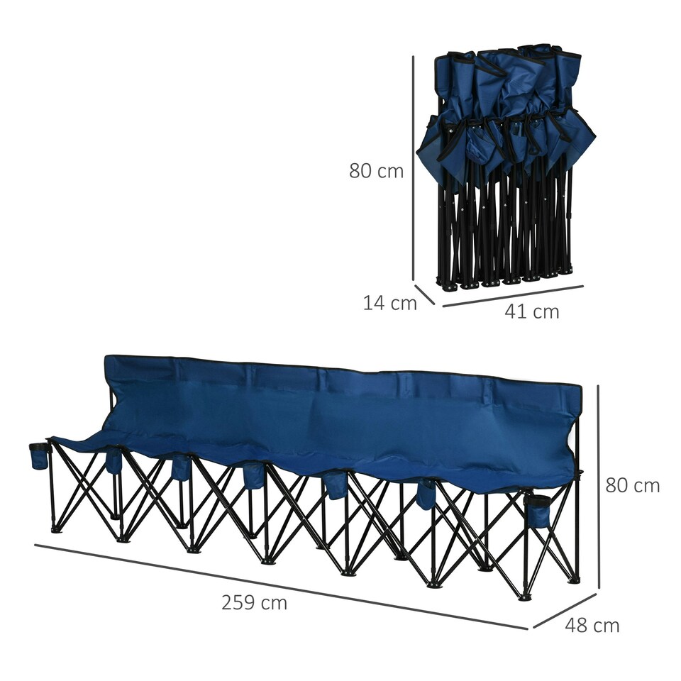 image 1 of Outsunny 6 Seater Folding Bench Camping Chair with Cup Holder, Blue