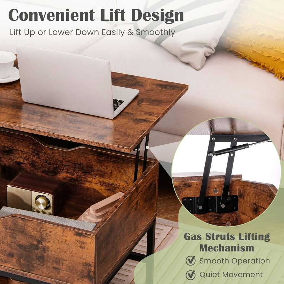 image 1 of COSTWAY Lift Top Coffee Table w/ Storage Shelf Coffee Brown