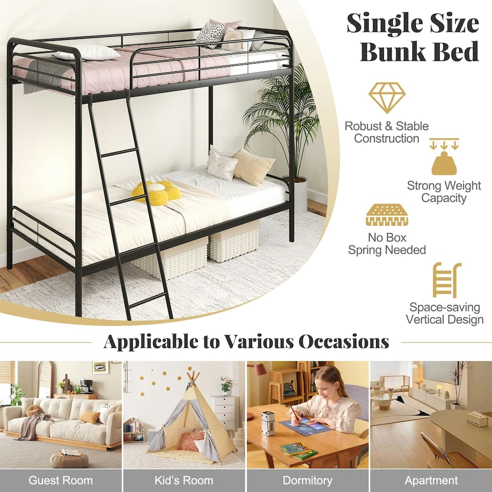 image 1 of COSTWAY Metal Bunk Bed Single Bunk Bed w/Ladder