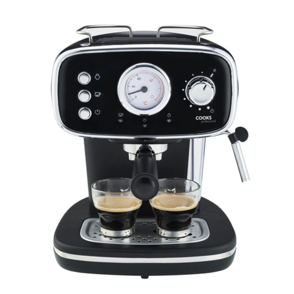 image 1 of Cooks Professional 15-Bar Retro Espresso Coffee Machine 1.2L with Frothing Steam Wand | Black | Black & Silver
