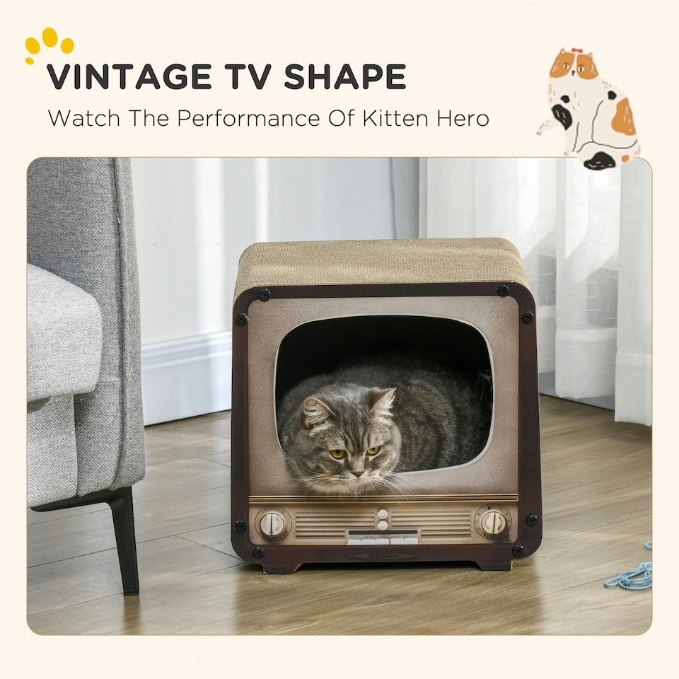 image 1 of PawHut 2 in 1 Cat House TV Shape Corrugated Cardboard with Catnip, Brown