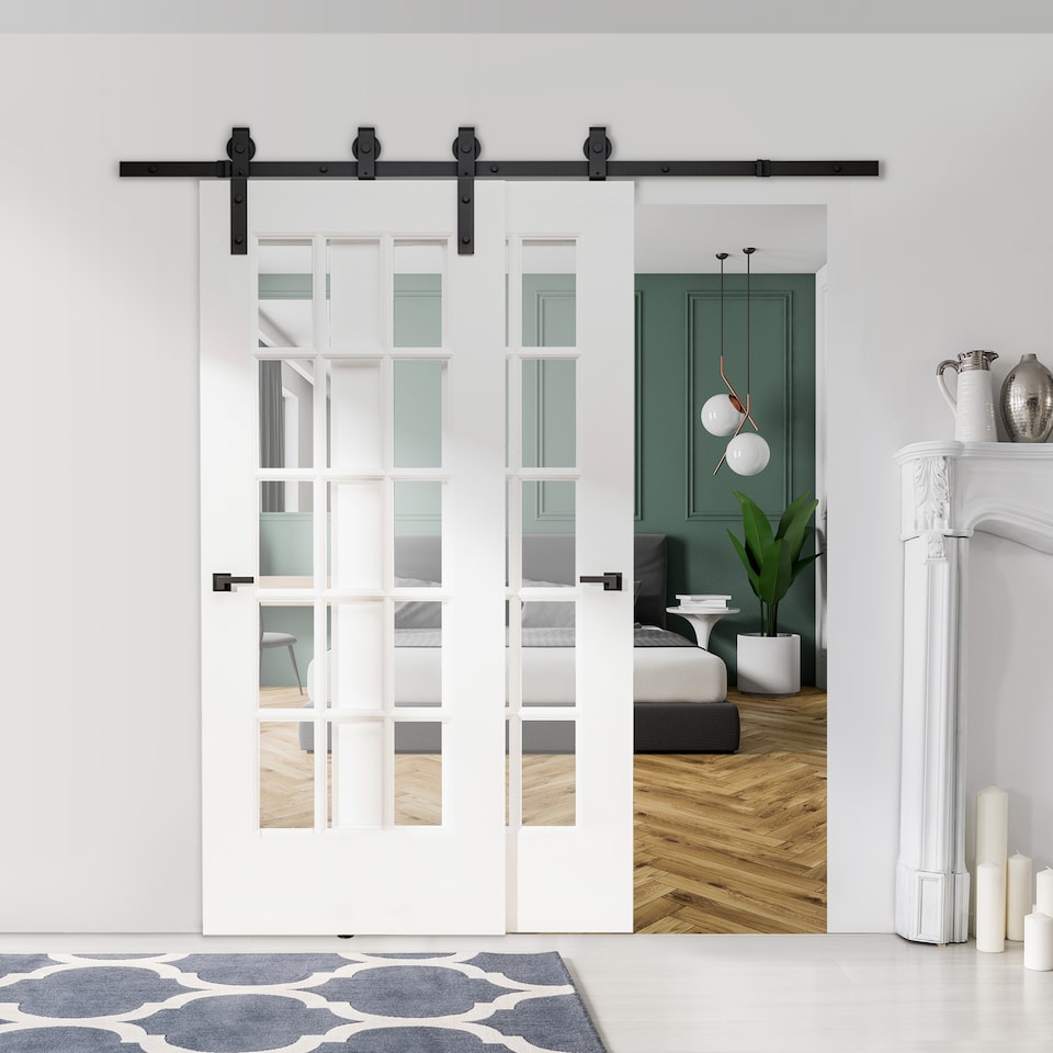 image 1 of HOMCOM 6.6FT/200cm Sliding Barn Door Hardware Track Kit 2 Wood Doors, Black