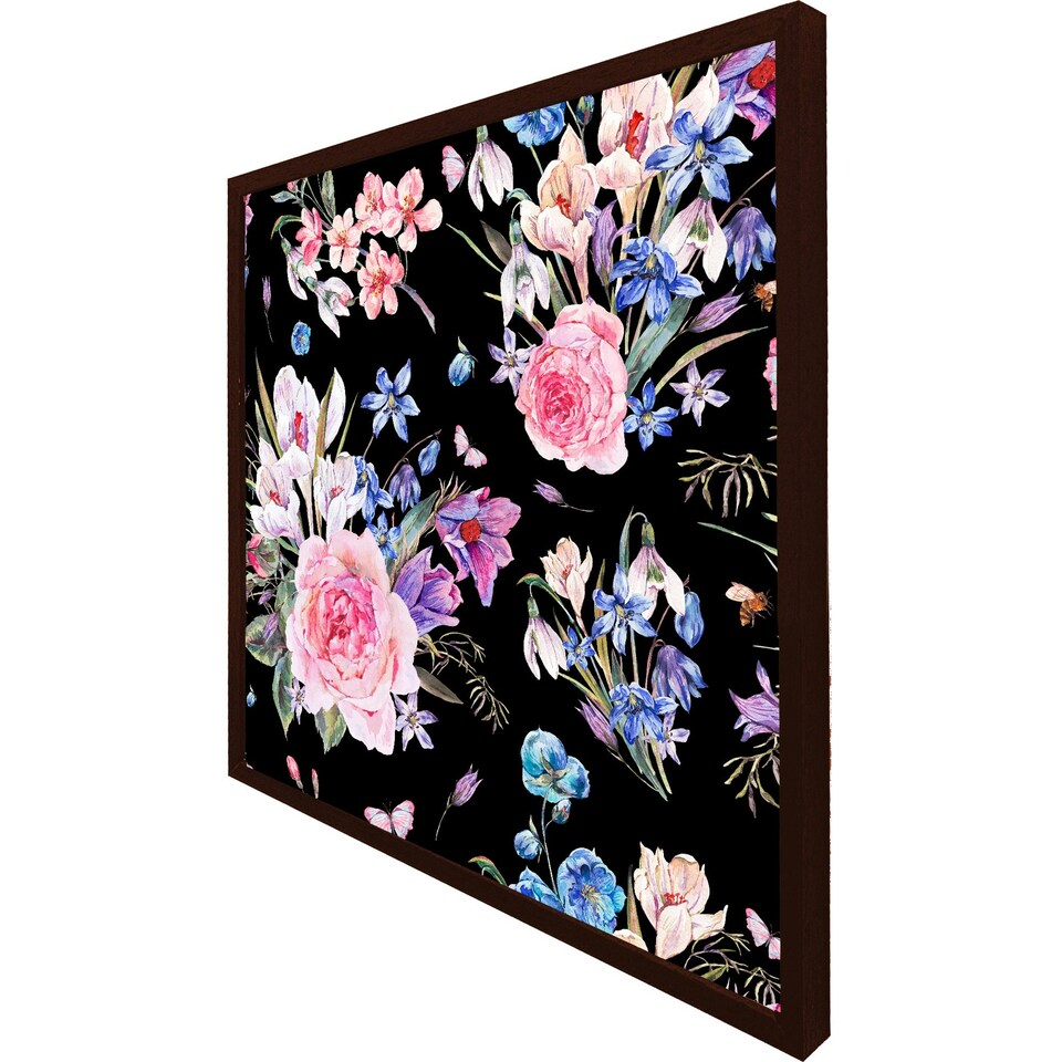 image 1 of Bright pink flowers on black (Picture Frame) Grey | XL