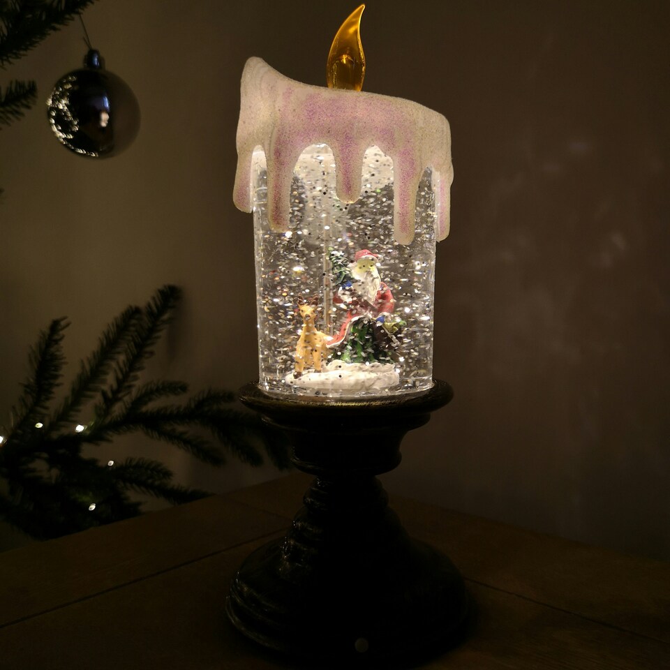 image 1 of 25cm Snowtime Dual Power LED Water Spinner Candlestick with Santa Scene