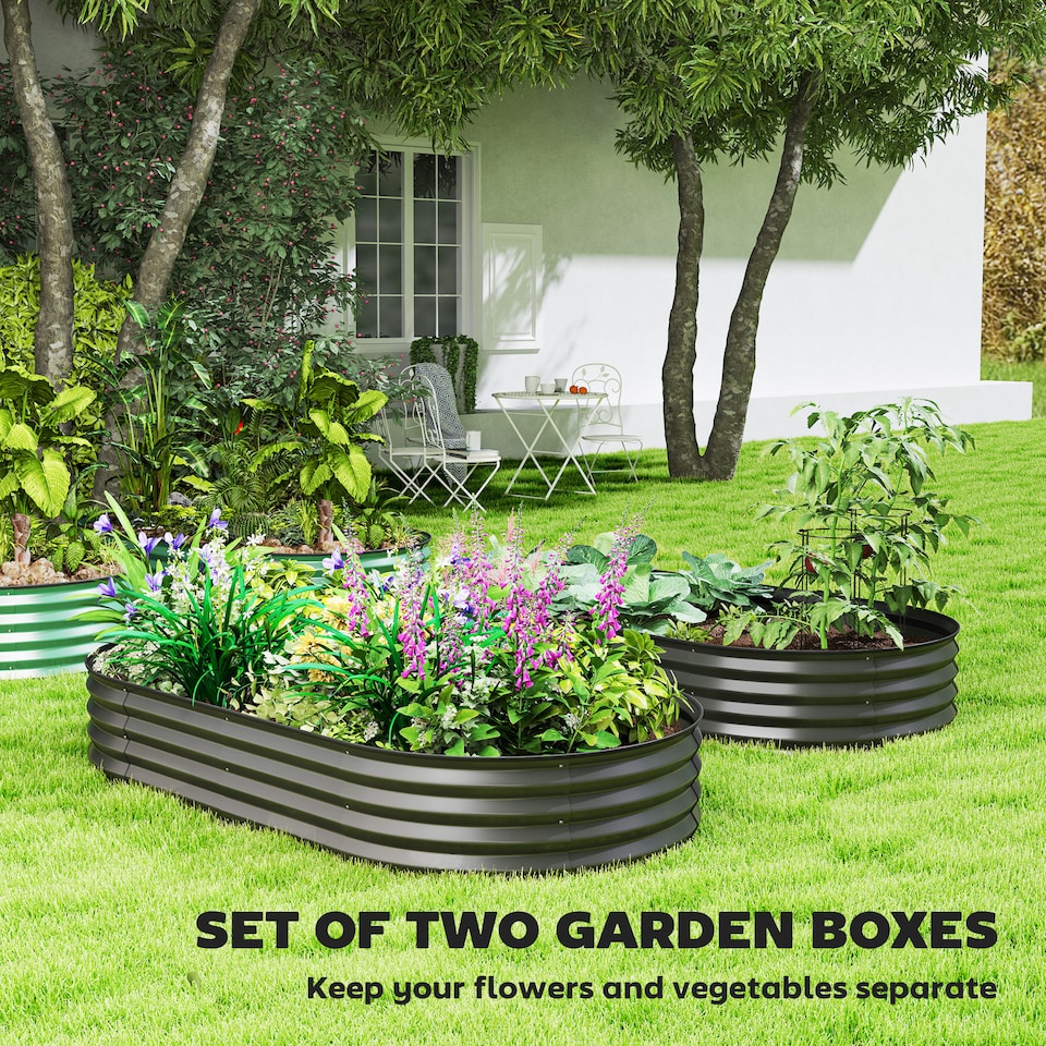 image 1 of Outsunny Set of 2 Raised Beds for Garden with Metal Plant Stakes, Dark Grey | Grey | Dark Grey