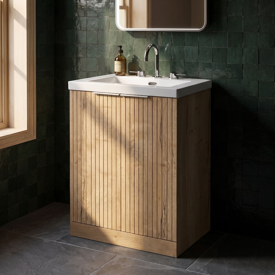 image 1 of Balterley Callingwood Contemporary Floor Standing 2 Door Vanity Unit with 3 Tap Hole Fireclay Basin , 600mm, Autumn Oak