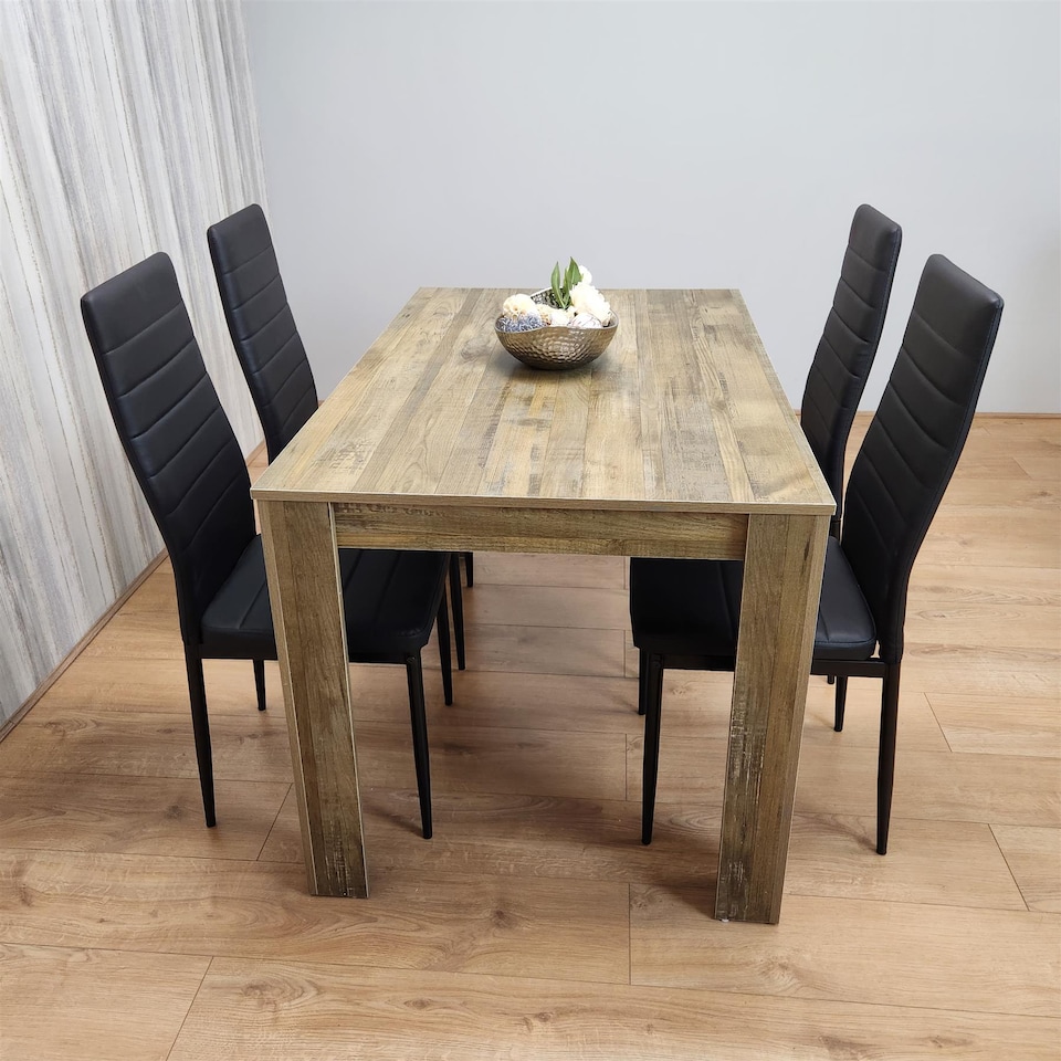 image 1 of Dining Table and 4 Chairs Rustic Effect Wood Table with 4 Black Faux Leather Dining Chairs