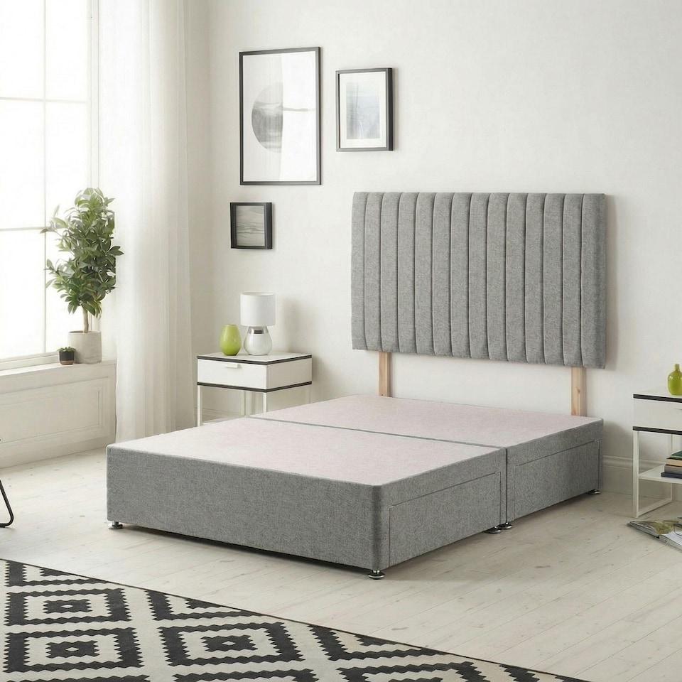 image 1 of Texas Divan Bed Base with 2 Drawers & 30 Inch Headboard Tweed Fabric | Grey | Grey
