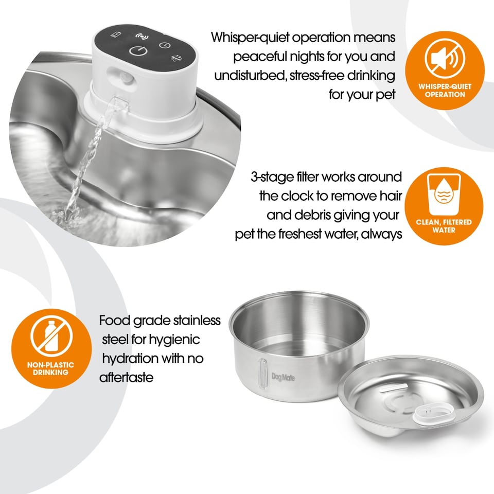 image 1 of Dog Mate 8 Litre Stainless Steel Cordless Pet Water Fountain | Silver