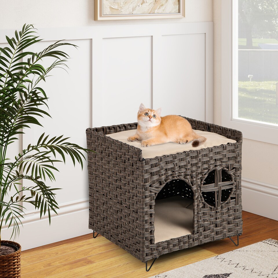 image 1 of COSTWAY Foldable 2-tier Rattan Cat House Wicker Kitten Condo With  Elevated Perch
