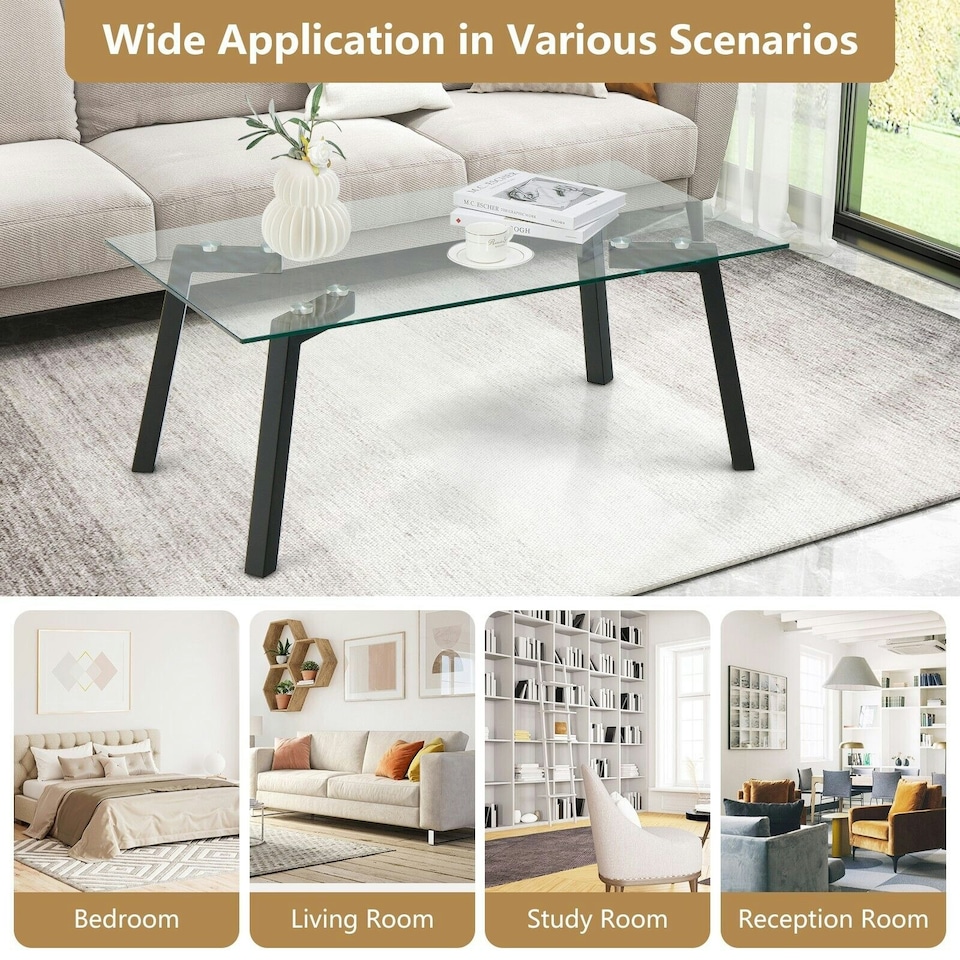 image 1 of COSTWAY Tempered Glass Coffee Table Rectangular Cocktail Table Black
