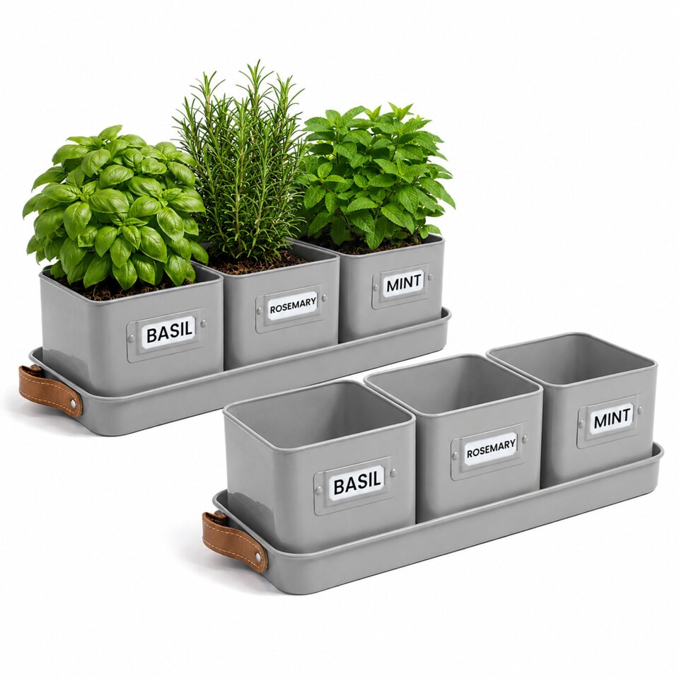 image 1 of Set of 6 Grey Indoor Herb Pots with Tray
