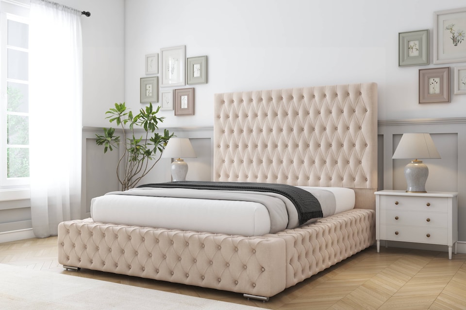 image 1 of Sloomy Ambassador Sand Naples Bed Frame With Mattress With 50"  Upholstered Headboard 4'6 Double