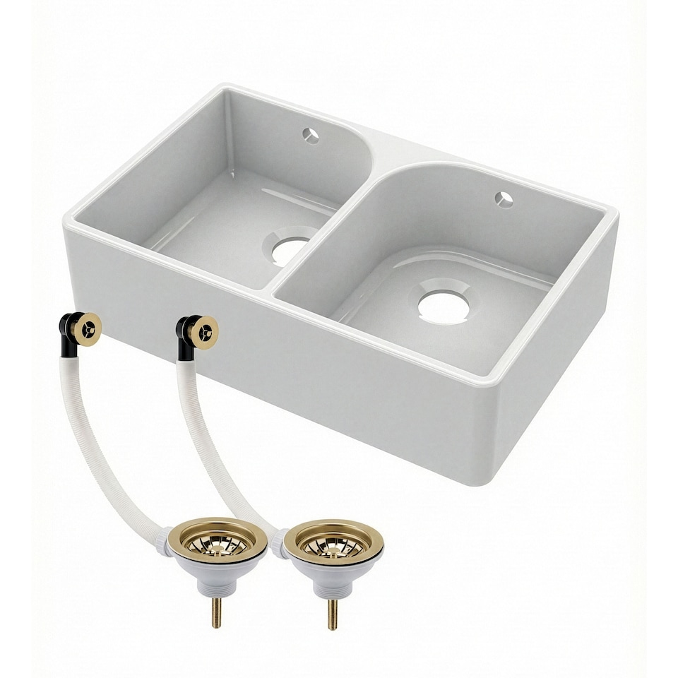 image 1 of Balterley Double Bowl Fireclay Ceramic Butler Kitchen Sink with Full Weir, Overflows & Wastes