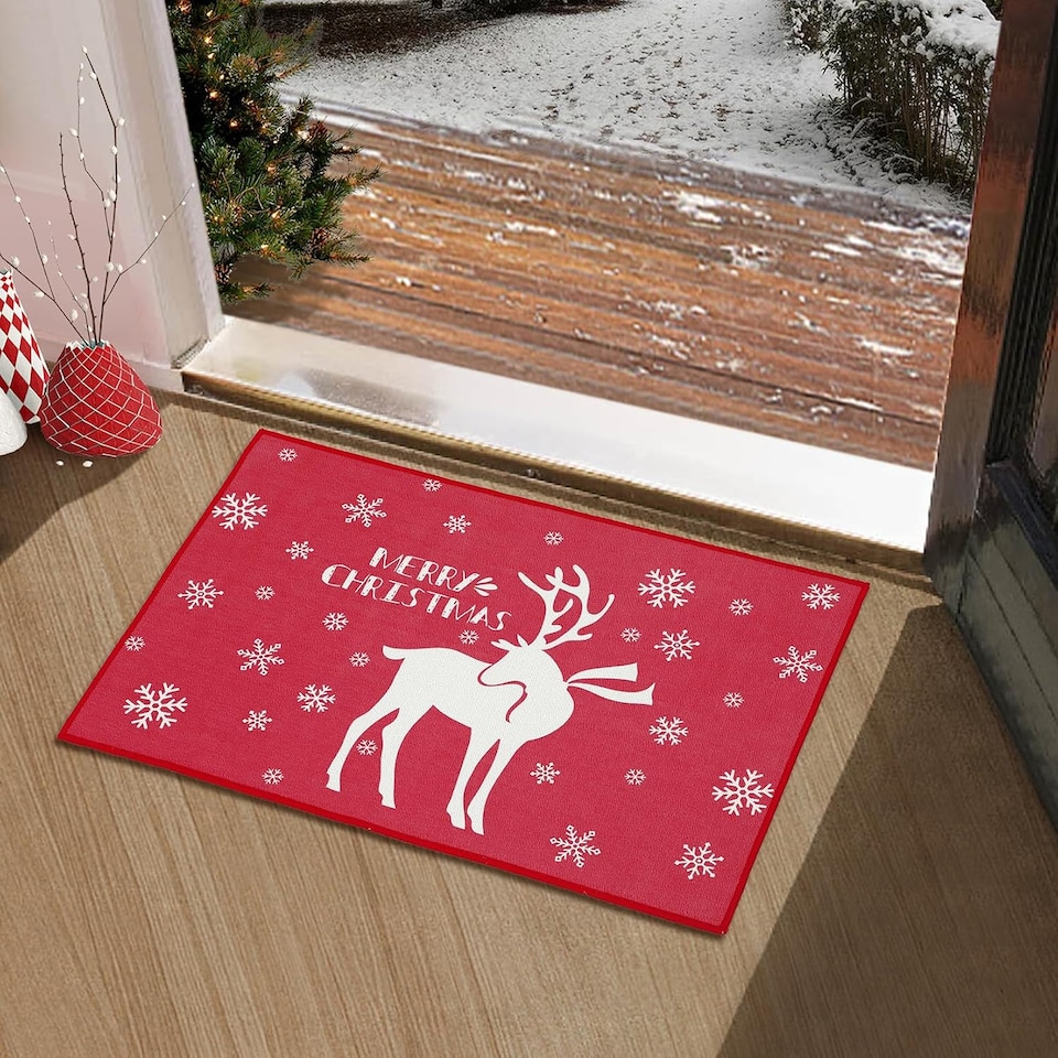 image 1 of London Boutique Christmas Doormat with Snowflake and Reindeer Print, Anti-Slip Washable Door Mat, Red, 50 x 80 cm