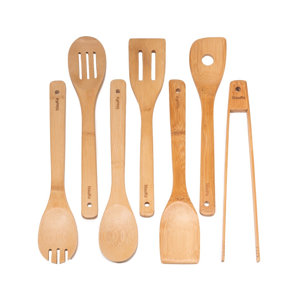 image 1 of BlauKe Wooden Kitchen Utensils Set of 7 - Bamboo Cooking Utensils for Non-Stick Cookware - Wooden Spatulas, Wooden Spoons, Tongs