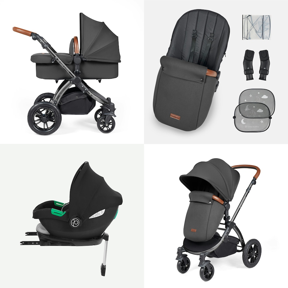 image 1 of Stomp Luxe 12pc Travel System with Cirrus i-Size Car Seat & ISOFIX Base, Carrycot, Reversible Seat, Rain Cover & More (Black/Charcoal Grey/Tan)
