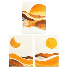 Set of 3 Abstract Amber Mountain Landscape Moon Living Room 12X16 Inch Wall Art Prints Pack