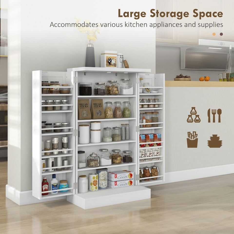 image 1 of HOMCOM Kitchen Cupboard with Double Doors, 5-Tier Shelf, 12 Spice Racks, White
