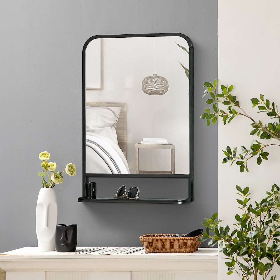 image 1 of HOMCOM Modern Square Wall Mirror with Storage Shelf, 70 50 cm Mirrors for Living Room, Bedroom, Black