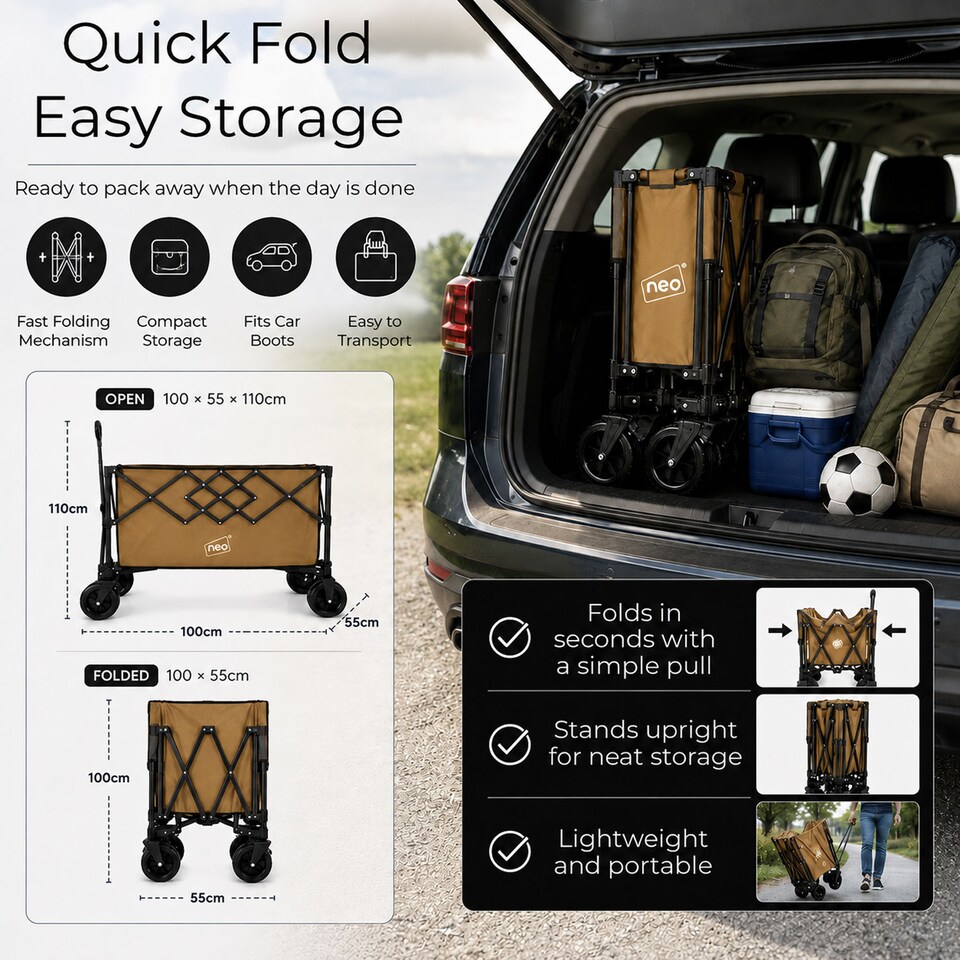 image 1 of Neo Heavy Duty Folding Wagon Cart 300L Collapsible Trolley Adjustable Handle