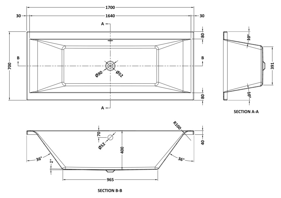 image 1 of Balterley Square DE Bath with Leg Set 1700x700 EL