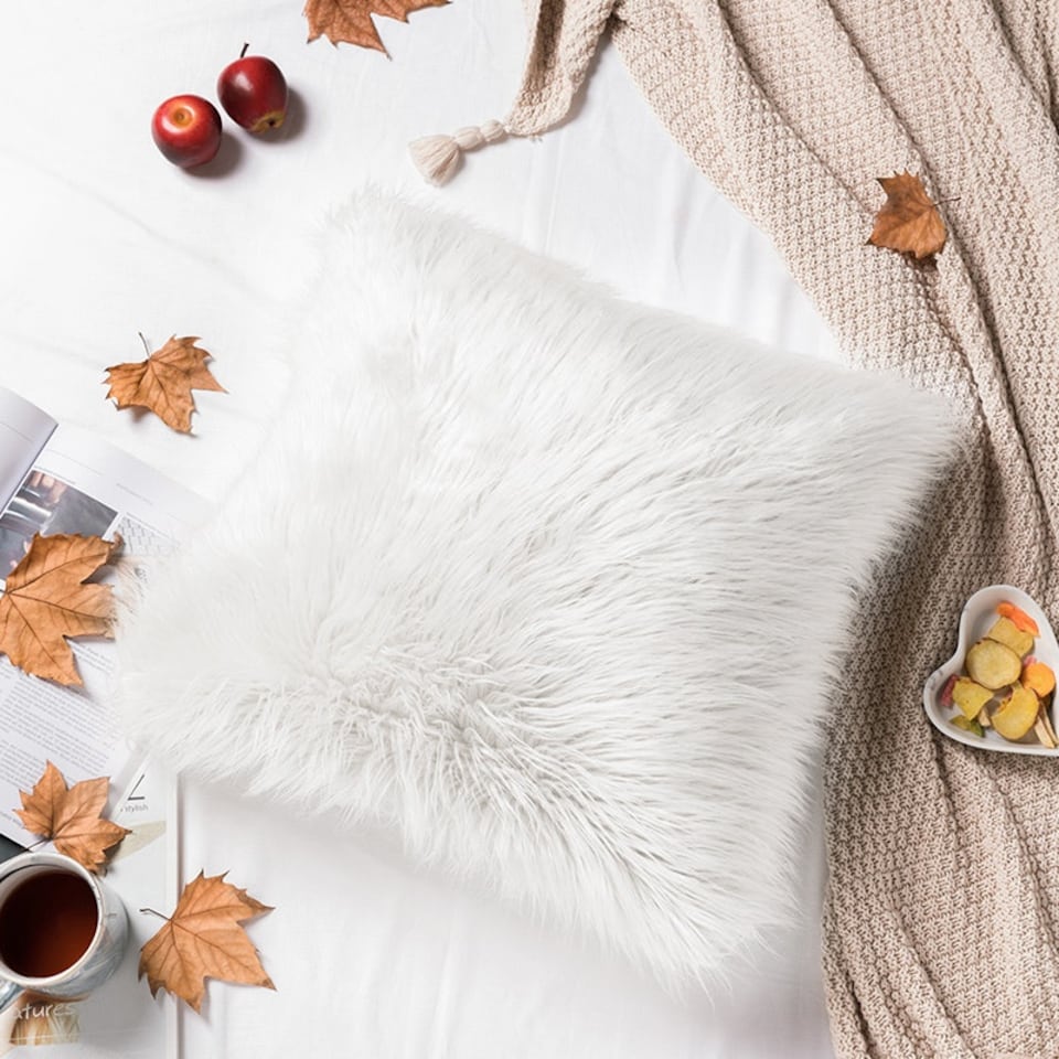 image 1 of Living and Home Square Fluffy Faux Fur Throw Pillow Cover, White, 45cm L x 45cm W