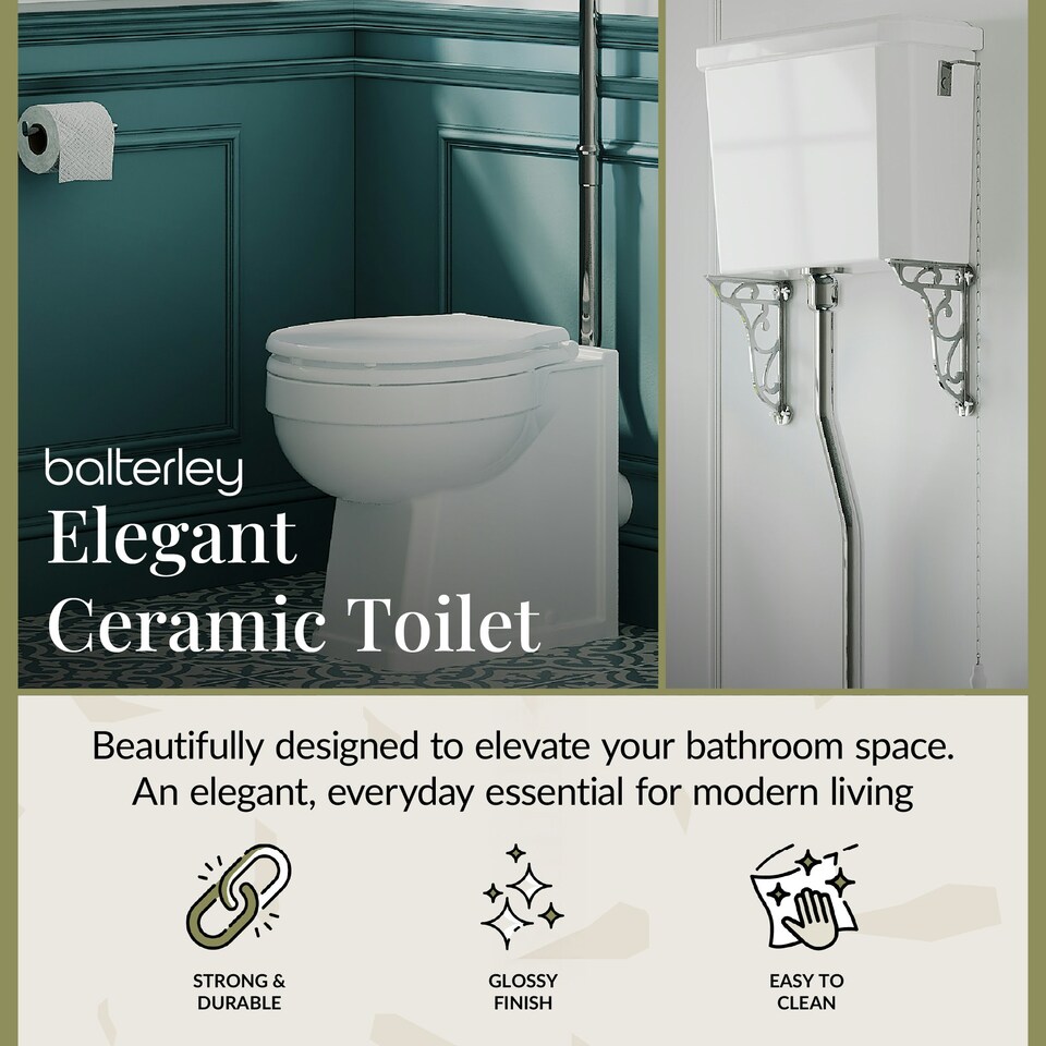 image 1 of Kinston Traditional Comfort Height Toilet Pan, High Level Cistern, Flush Pipe Kit & Soft Close Seat - White - Balterley