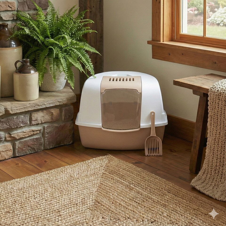 image 1 of Large Cat Corner Litter Tray Hooded Deep Cover Toilet Flap Box with Filter & Scoop | Multi | Mocca | 1