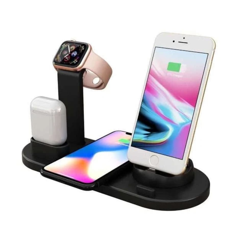 image 1 of 4 in 1 Black Wireless Charger Stand for iPhone, AirPods & Apple Watch