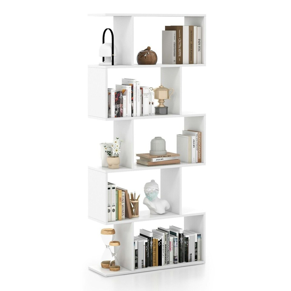 image 1 of COSTWAY 5-tier Bookcase S-Shaped Bookshelf Display Rack White White