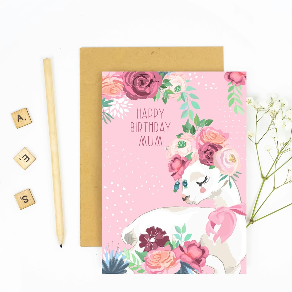 image 1 of Pink Happy Birthday Mum Llama with Rose Flowers Greeting Card