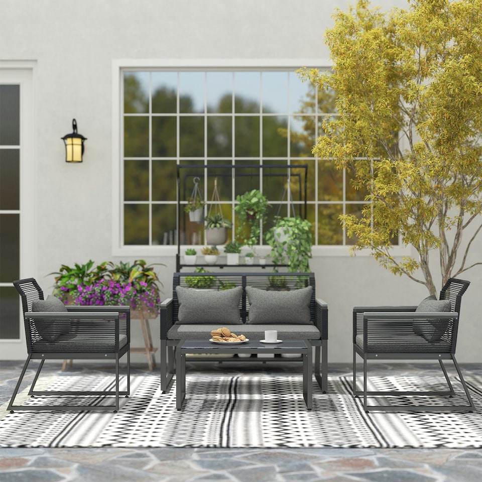 image 1 of Outsunny 4 Pieces Rattan Garden Furniture Set for 4 Person, Charcoal Grey 
