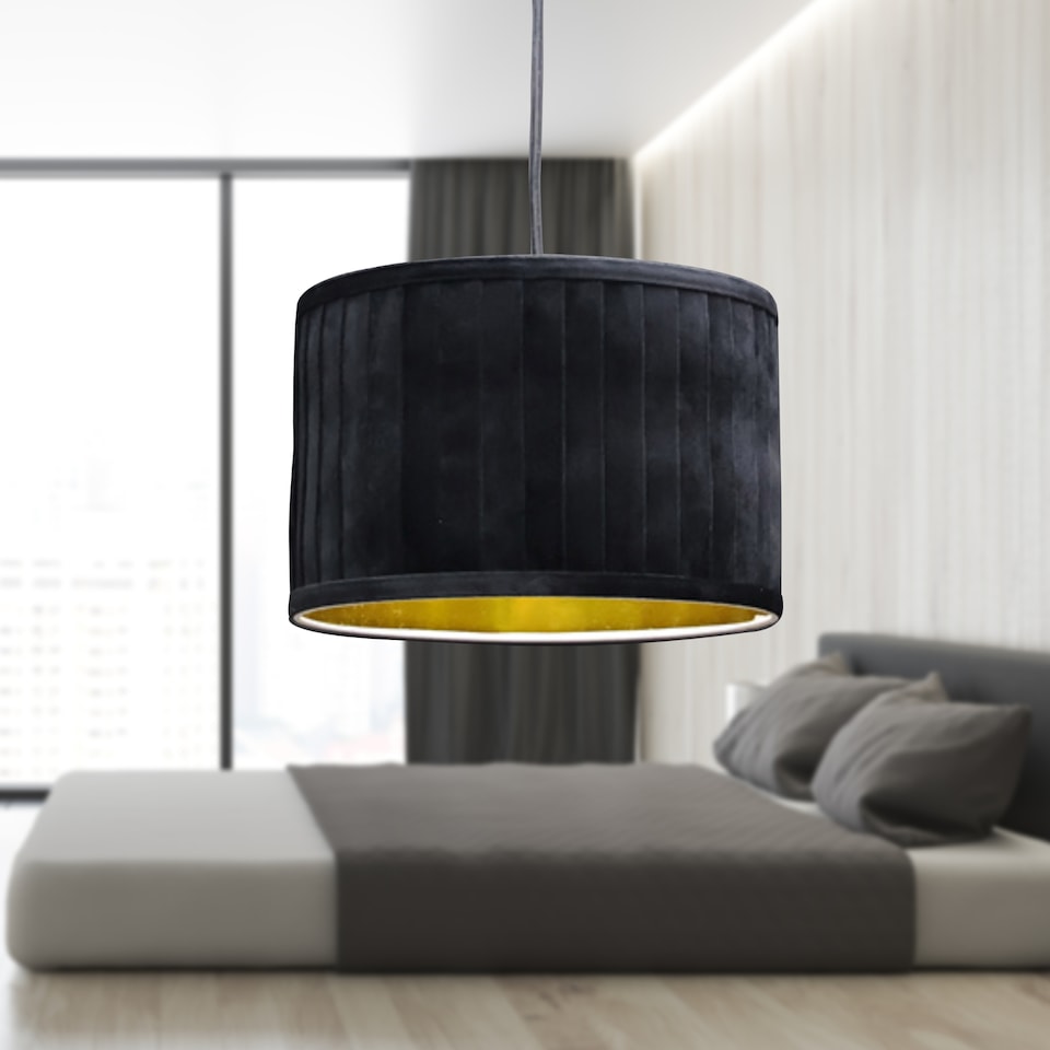 image 1 of Set of 2 Sundance - Black Pleated 30cm Lamp Shades with Gold Inner | Black | Black velvet with gold cardboard inner detail | 2